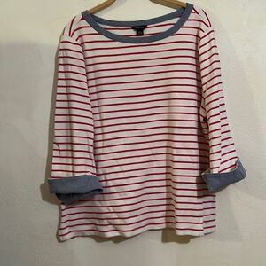 Vintage Nautica  3/4 Sleeve Red White Striped Lagen T-Shirt  Denim Trim XXL